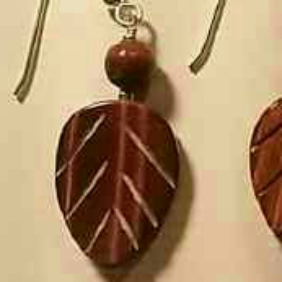 Rare Red Tiger's Eye Carved Leaf Earrings - Picture 2 of 2